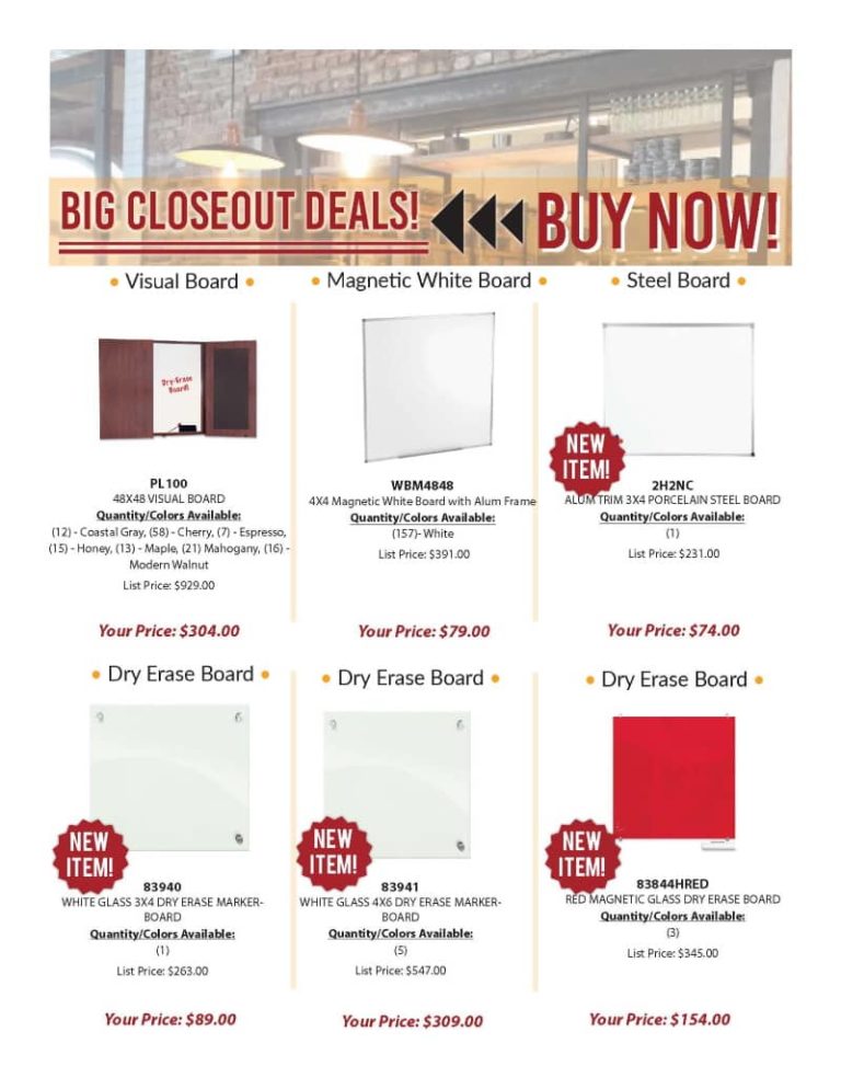 a list of white boards and office furniture that are a part of andy stern's inventory blowout sale