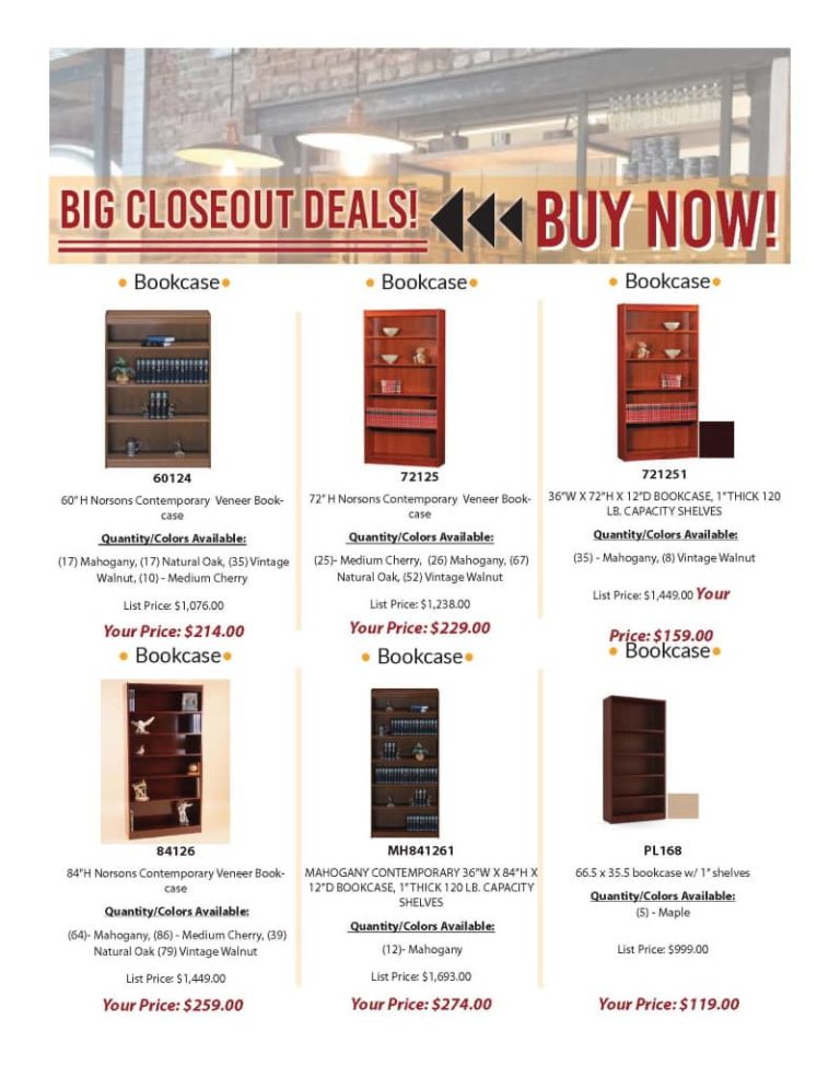 a list of bookshelves and office furniture that are a part of andy stern's inventory blowout sale