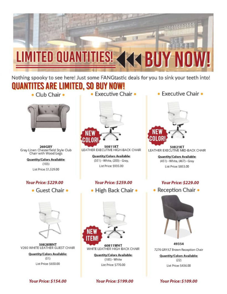 a list of chairs that are a part of andy stern's inventory blowout sale 1