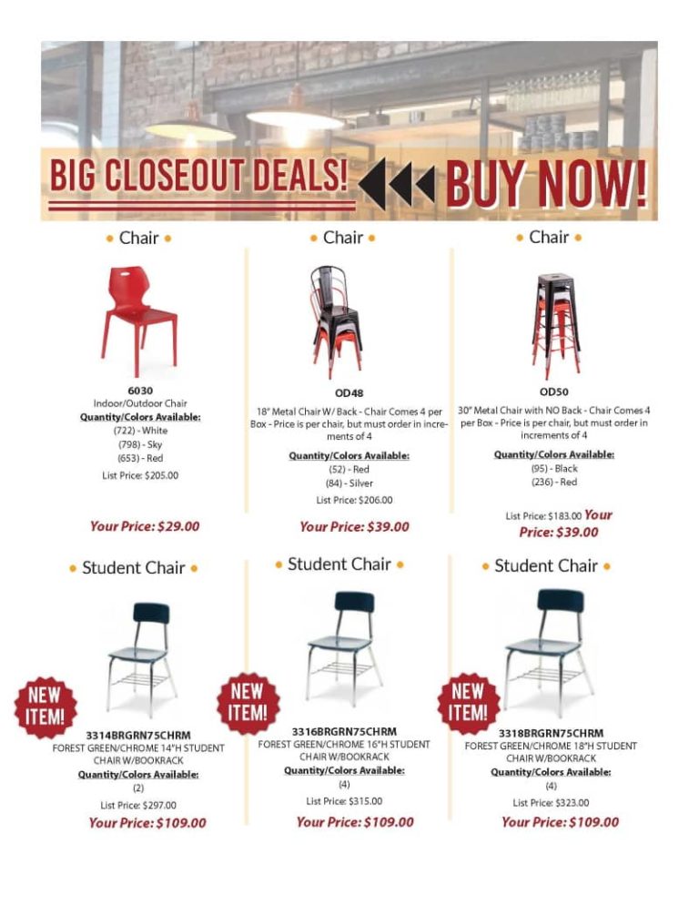 a list of chairs that are a part of andy stern's inventory blowout sale 4