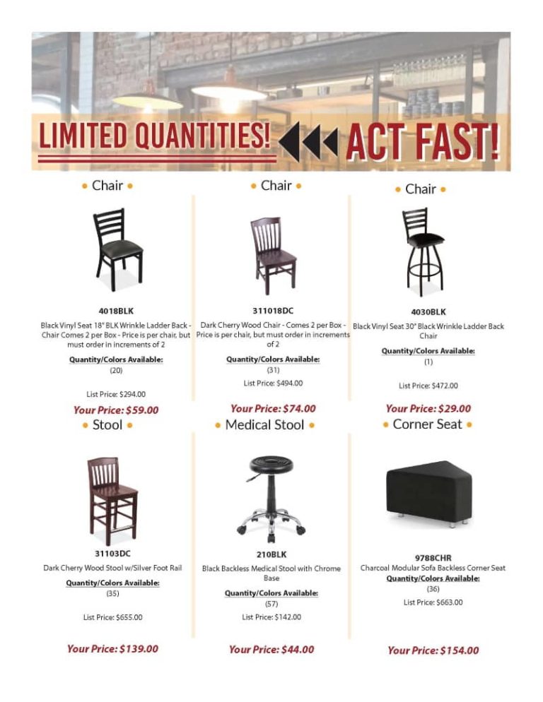 a list of chairs that are a part of andy stern's inventory blowout sale 5