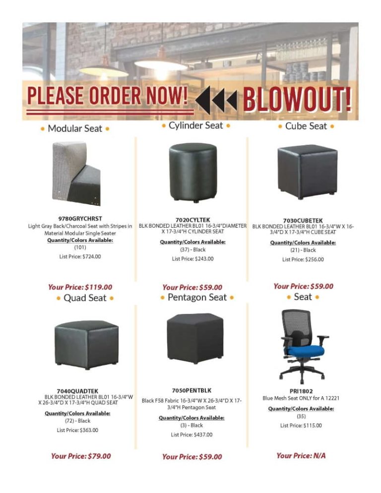 a list of chairs that are a part of andy stern's inventory blowout sale 6