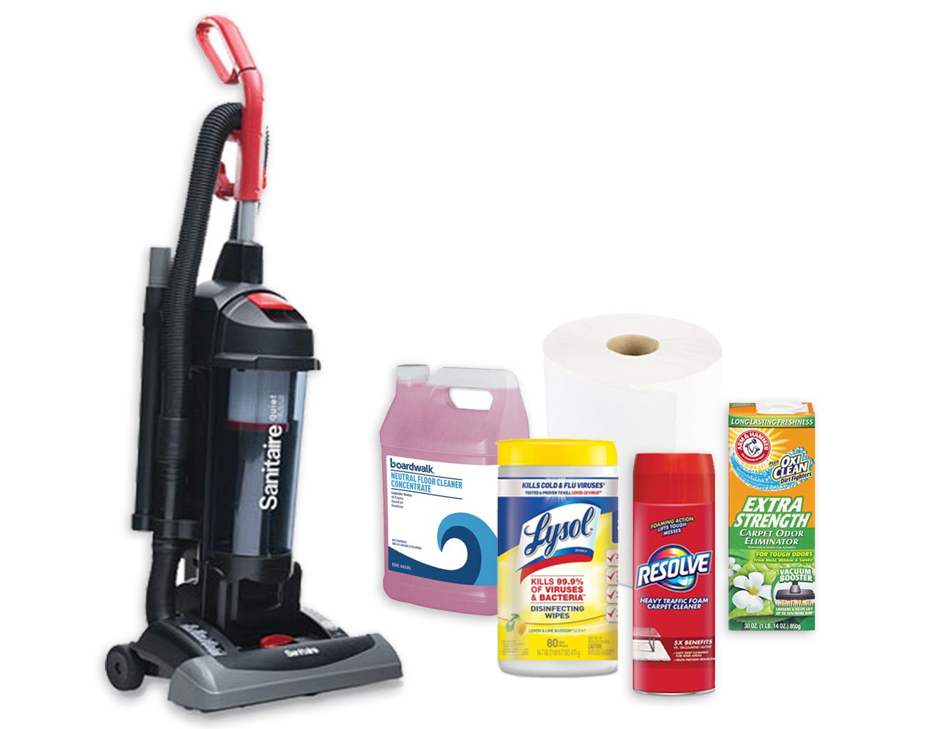 A vacuum cleaning plus miscellaneous cleaning products for the office
